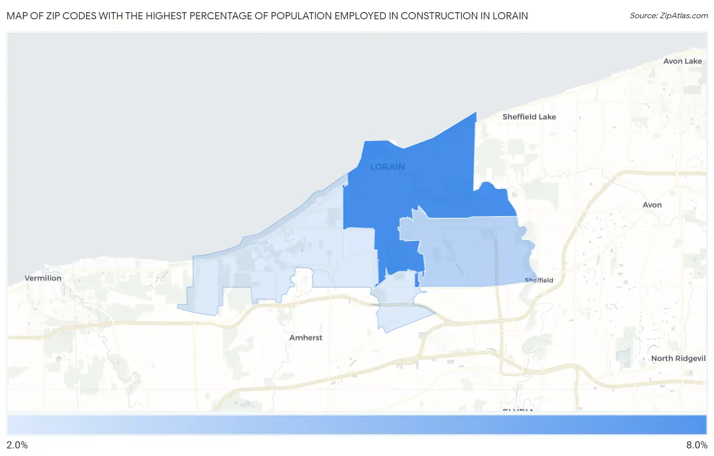Zip Codes with the Highest Percentage of Population Employed in Construction in Lorain Map
