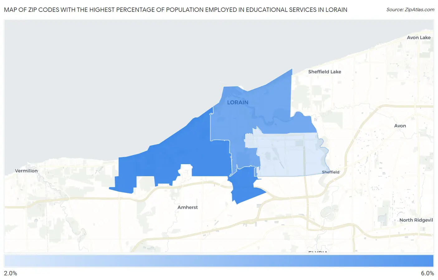 Zip Codes with the Highest Percentage of Population Employed in Educational Services in Lorain Map