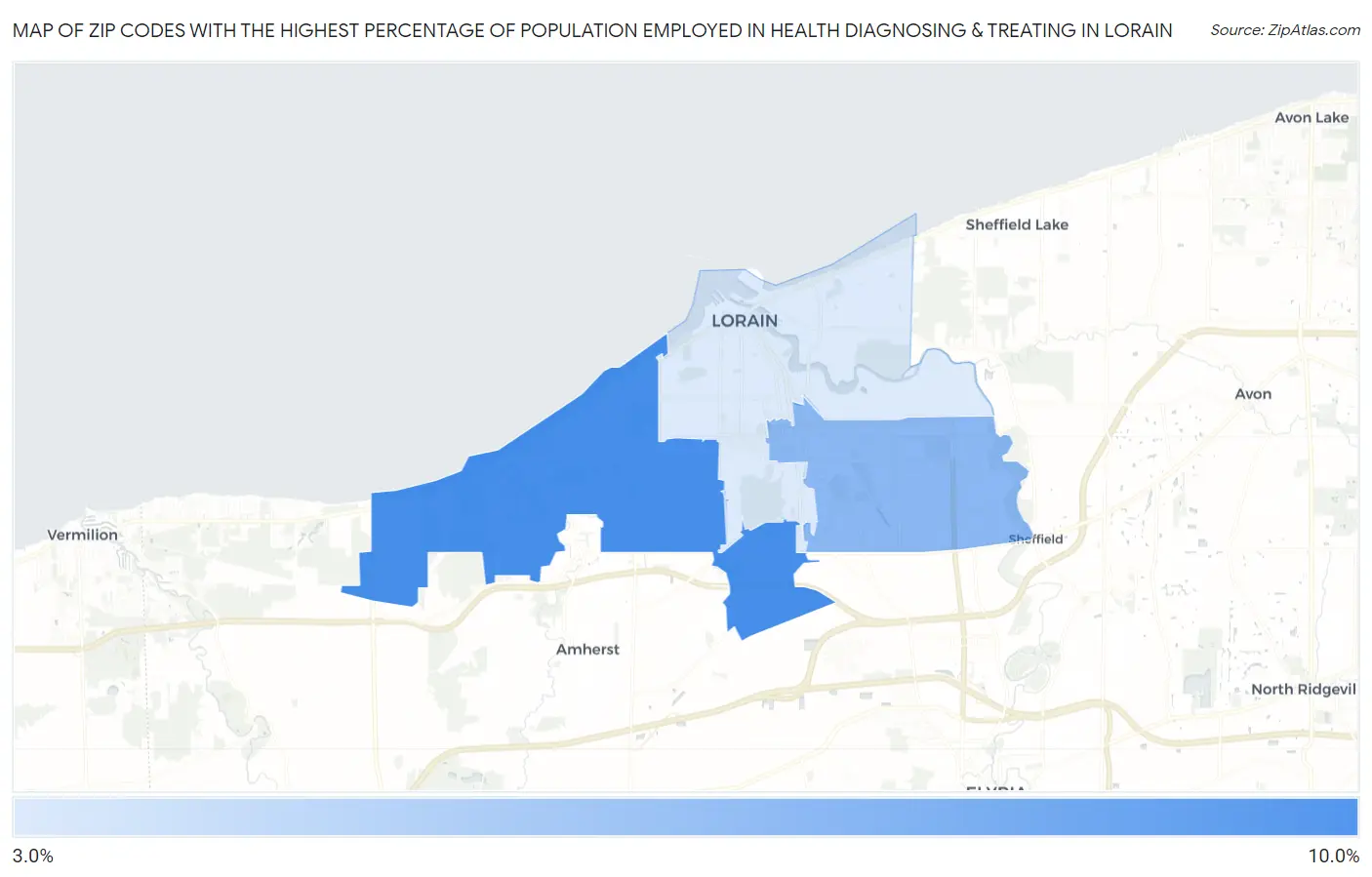 Zip Codes with the Highest Percentage of Population Employed in Health Diagnosing & Treating in Lorain Map