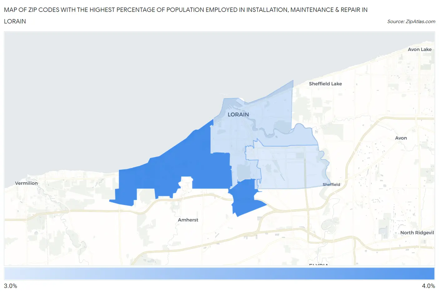 Zip Codes with the Highest Percentage of Population Employed in Installation, Maintenance & Repair in Lorain Map