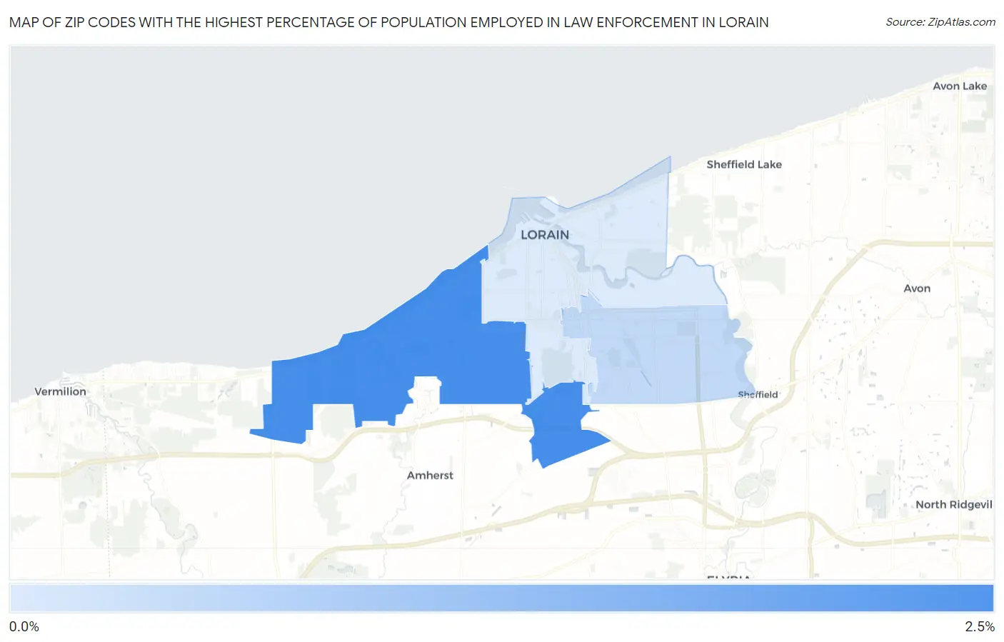 Zip Codes with the Highest Percentage of Population Employed in Law Enforcement in Lorain Map