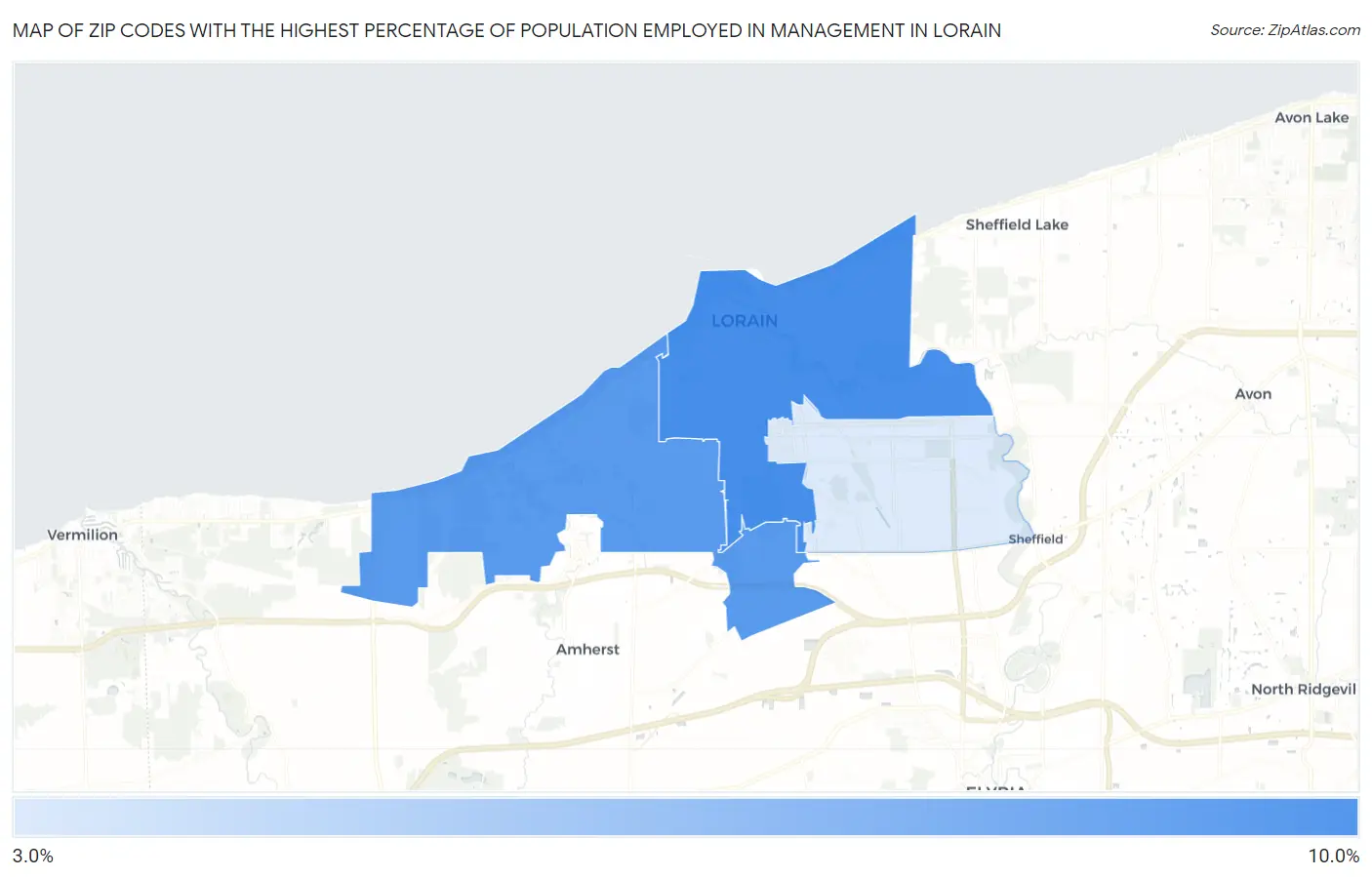 Zip Codes with the Highest Percentage of Population Employed in Management in Lorain Map