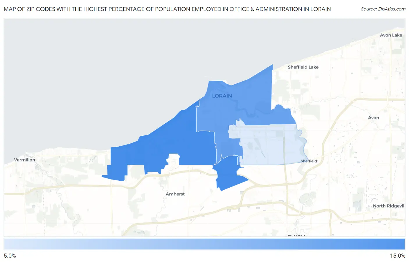 Zip Codes with the Highest Percentage of Population Employed in Office & Administration in Lorain Map