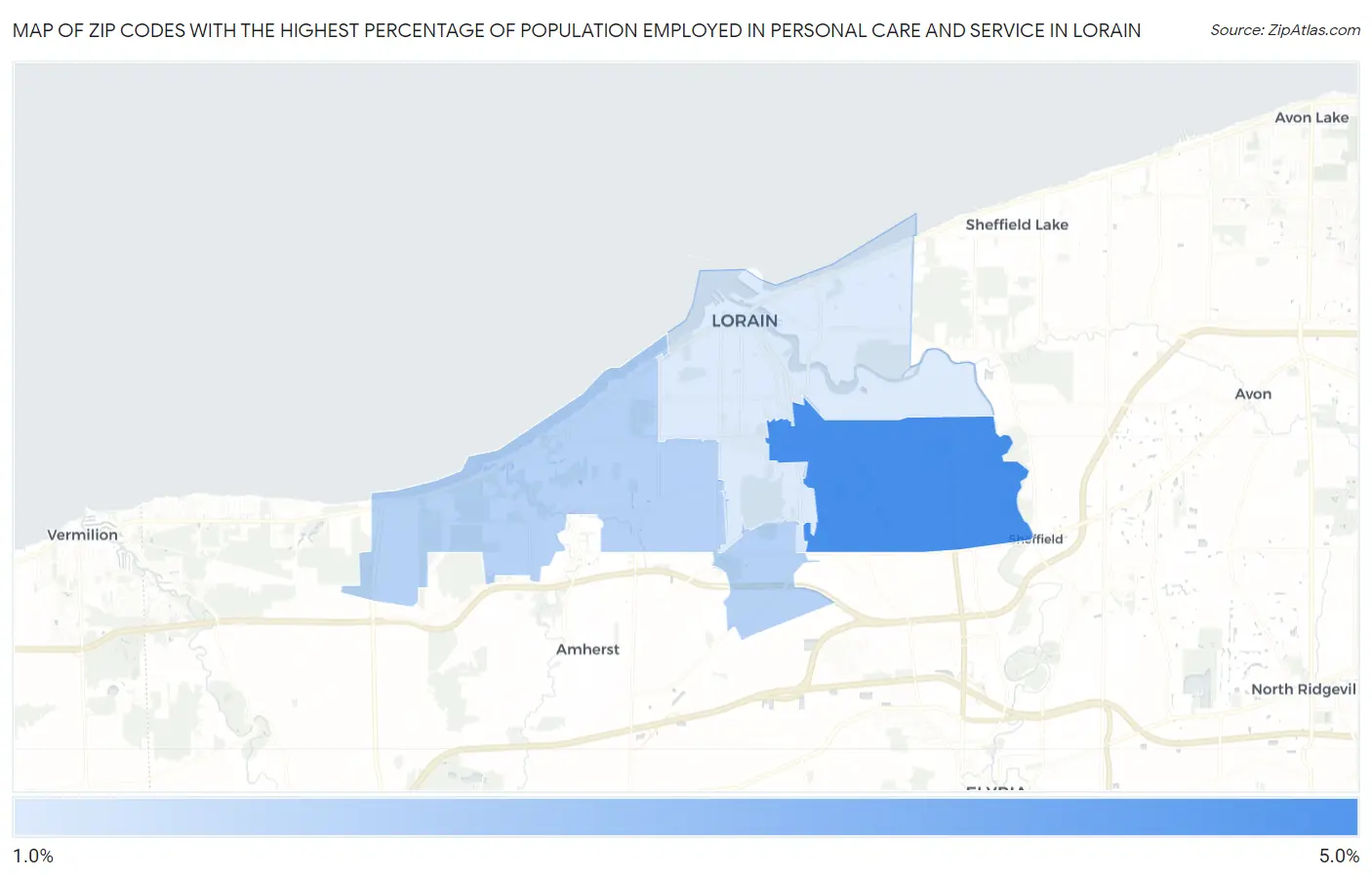 Zip Codes with the Highest Percentage of Population Employed in Personal Care and Service in Lorain Map