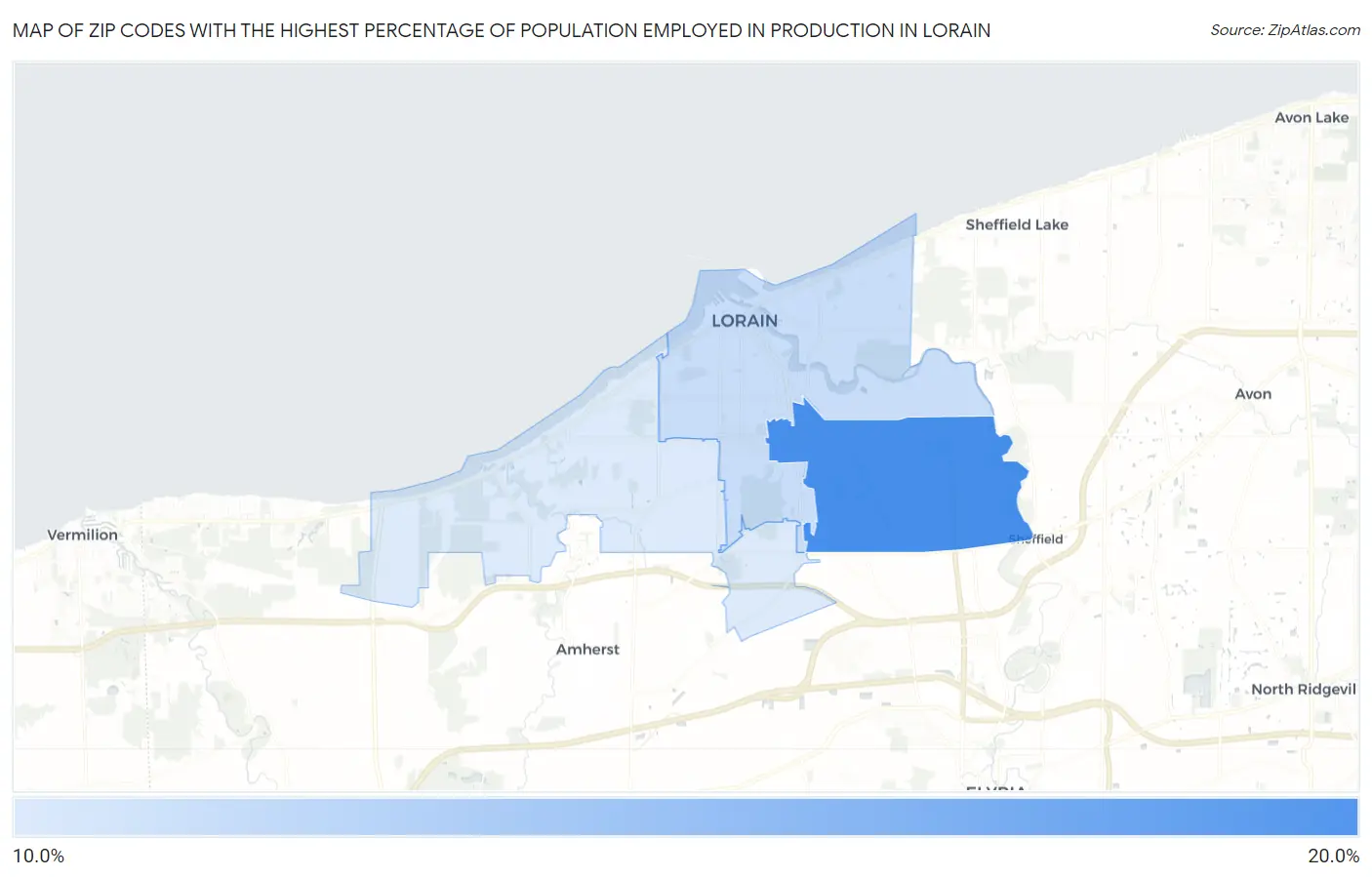 Zip Codes with the Highest Percentage of Population Employed in Production in Lorain Map