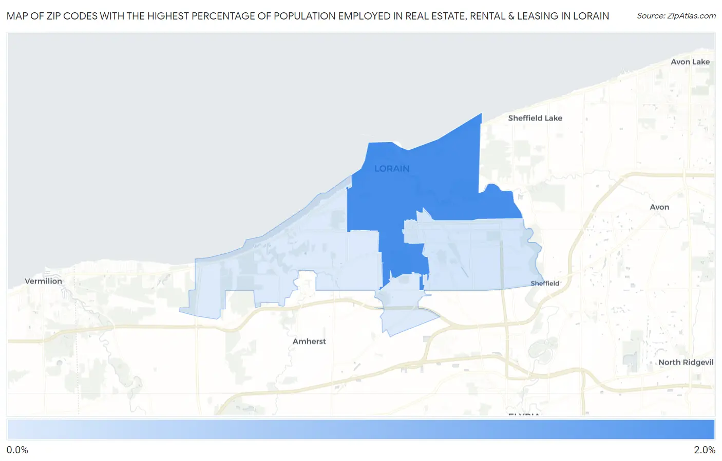 Zip Codes with the Highest Percentage of Population Employed in Real Estate, Rental & Leasing in Lorain Map
