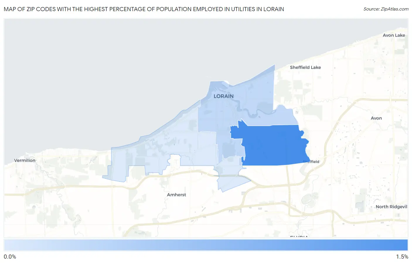 Zip Codes with the Highest Percentage of Population Employed in Utilities in Lorain Map