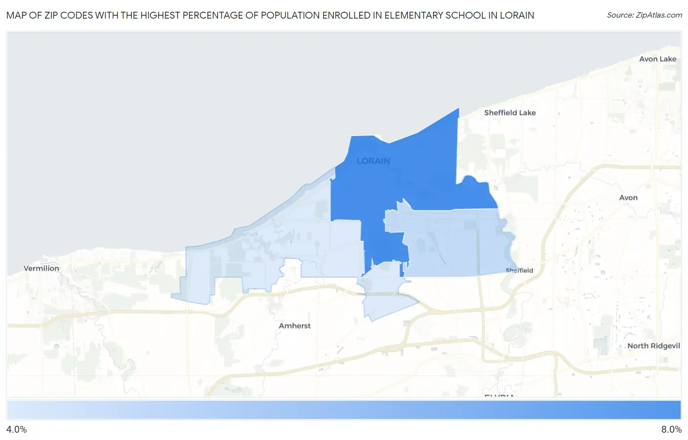 Zip Codes with the Highest Percentage of Population Enrolled in Elementary School in Lorain Map
