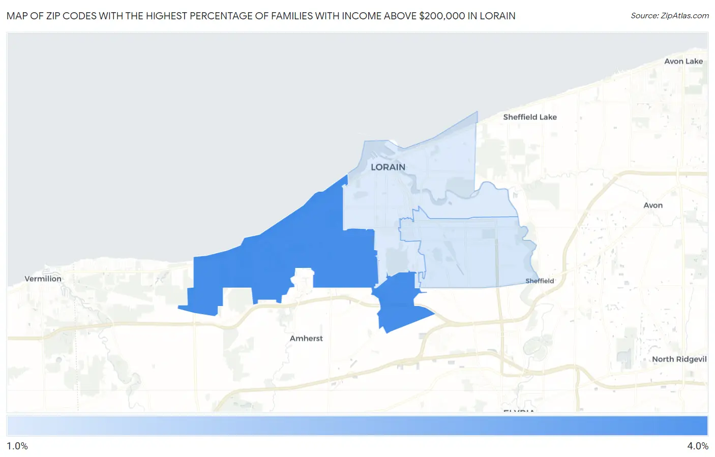 Zip Codes with the Highest Percentage of Families with Income Above $200,000 in Lorain Map