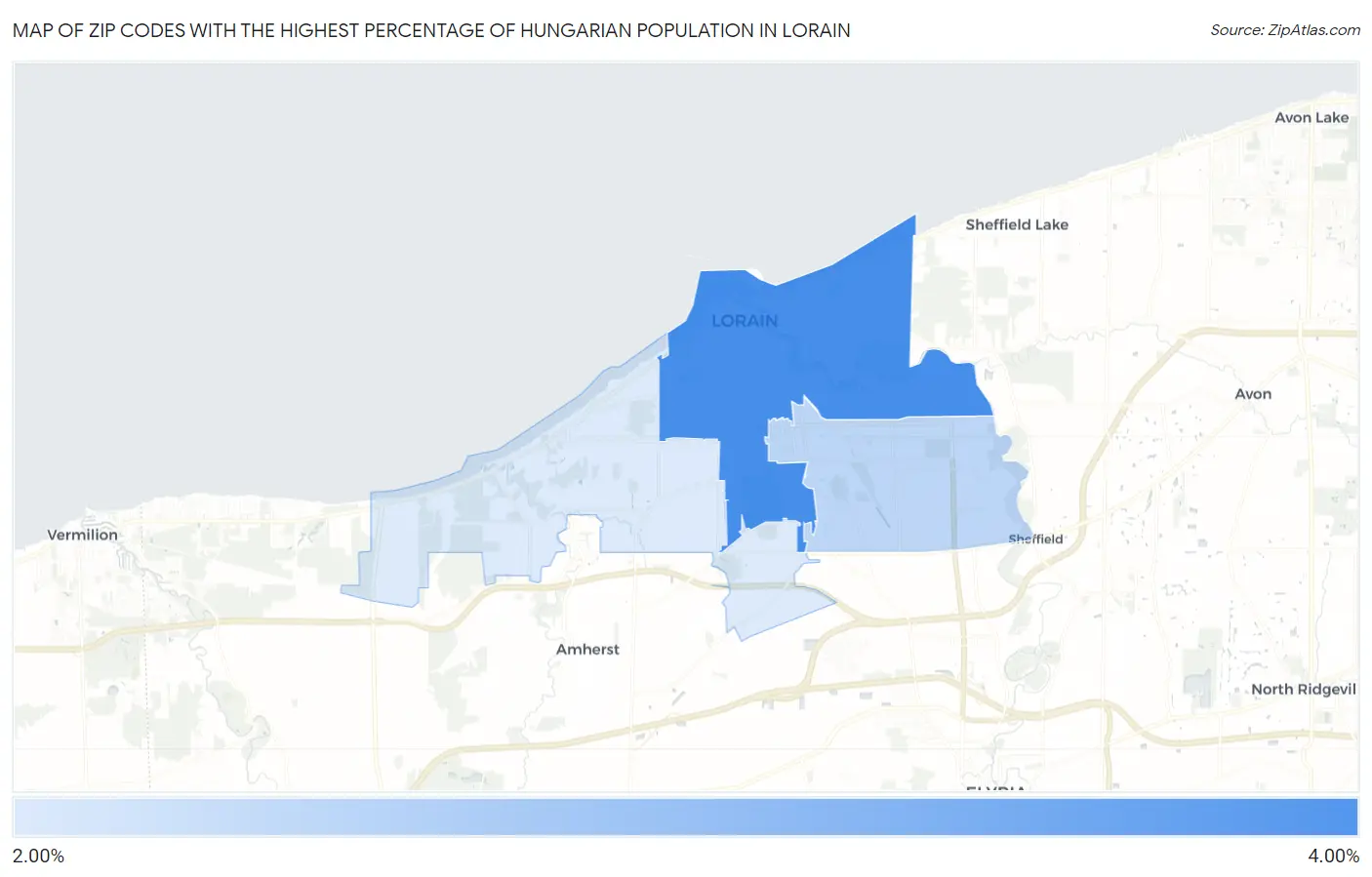 Zip Codes with the Highest Percentage of Hungarian Population in Lorain Map