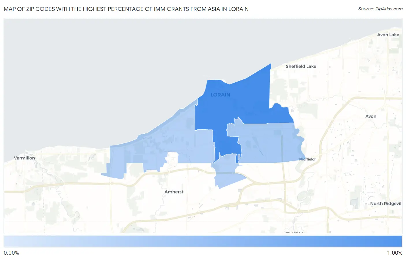 Zip Codes with the Highest Percentage of Immigrants from Asia in Lorain Map