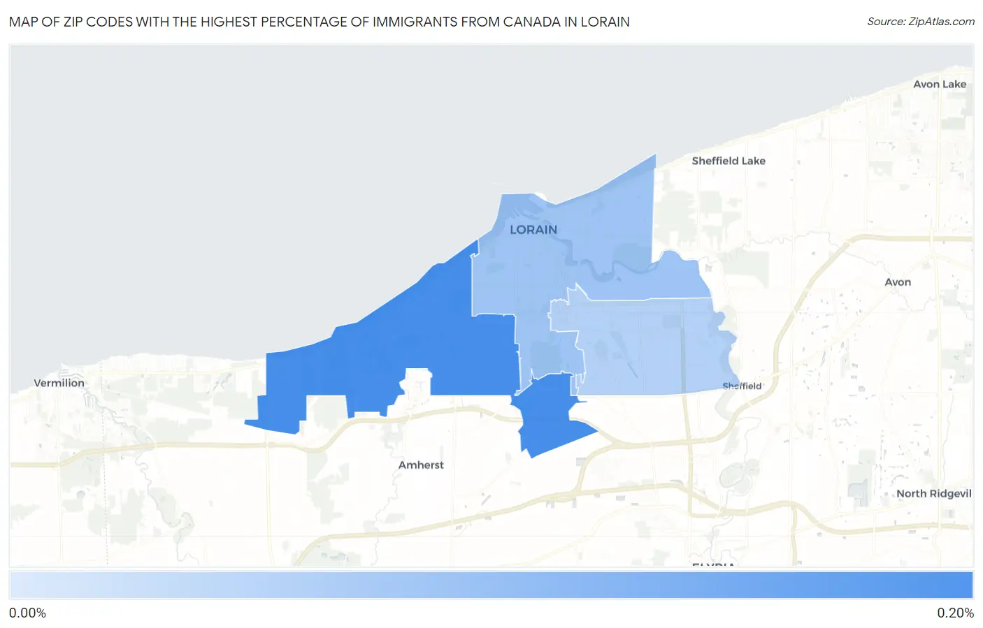 Zip Codes with the Highest Percentage of Immigrants from Canada in Lorain Map