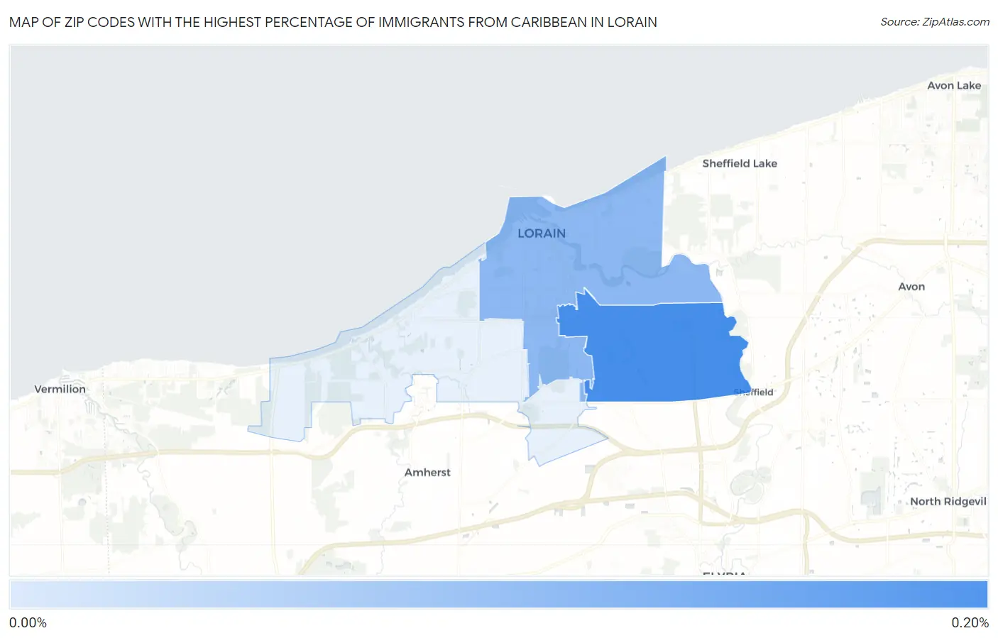 Zip Codes with the Highest Percentage of Immigrants from Caribbean in Lorain Map