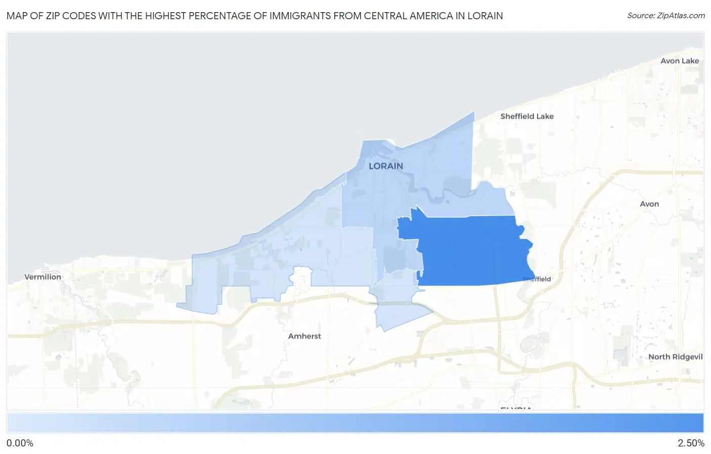 Zip Codes with the Highest Percentage of Immigrants from Central America in Lorain Map