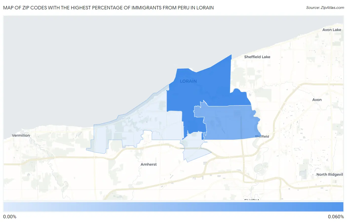Zip Codes with the Highest Percentage of Immigrants from Peru in Lorain Map