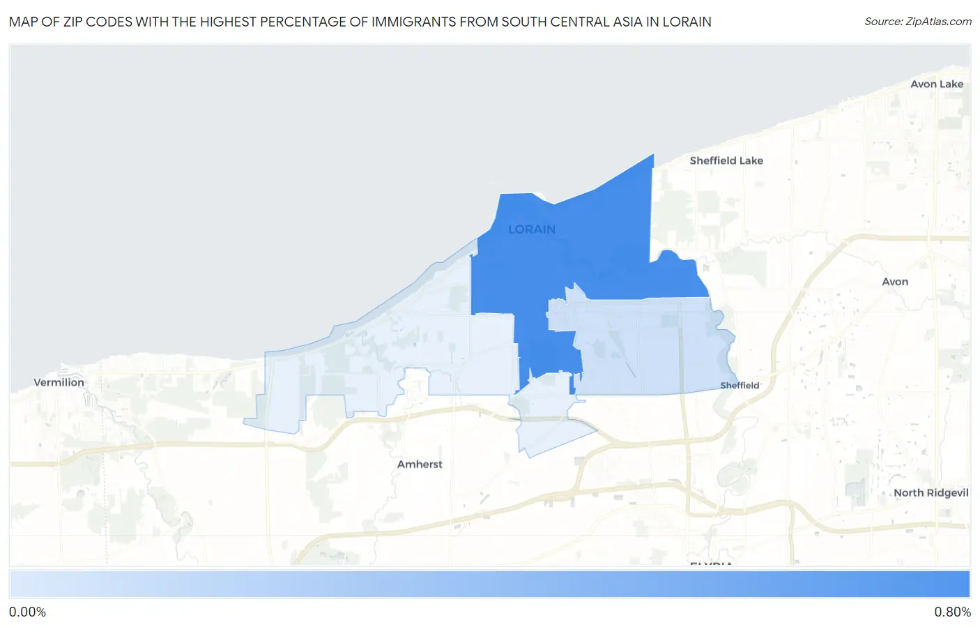 Zip Codes with the Highest Percentage of Immigrants from South Central Asia in Lorain Map