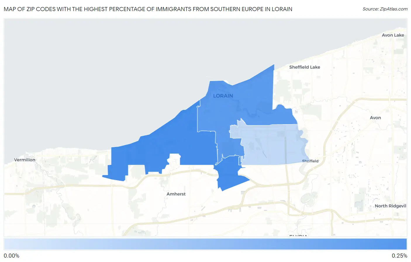 Zip Codes with the Highest Percentage of Immigrants from Southern Europe in Lorain Map