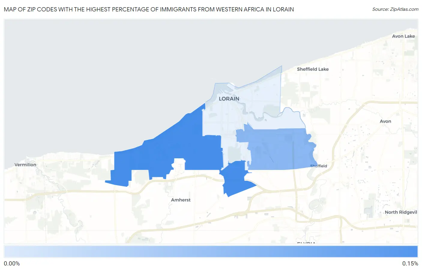 Zip Codes with the Highest Percentage of Immigrants from Western Africa in Lorain Map