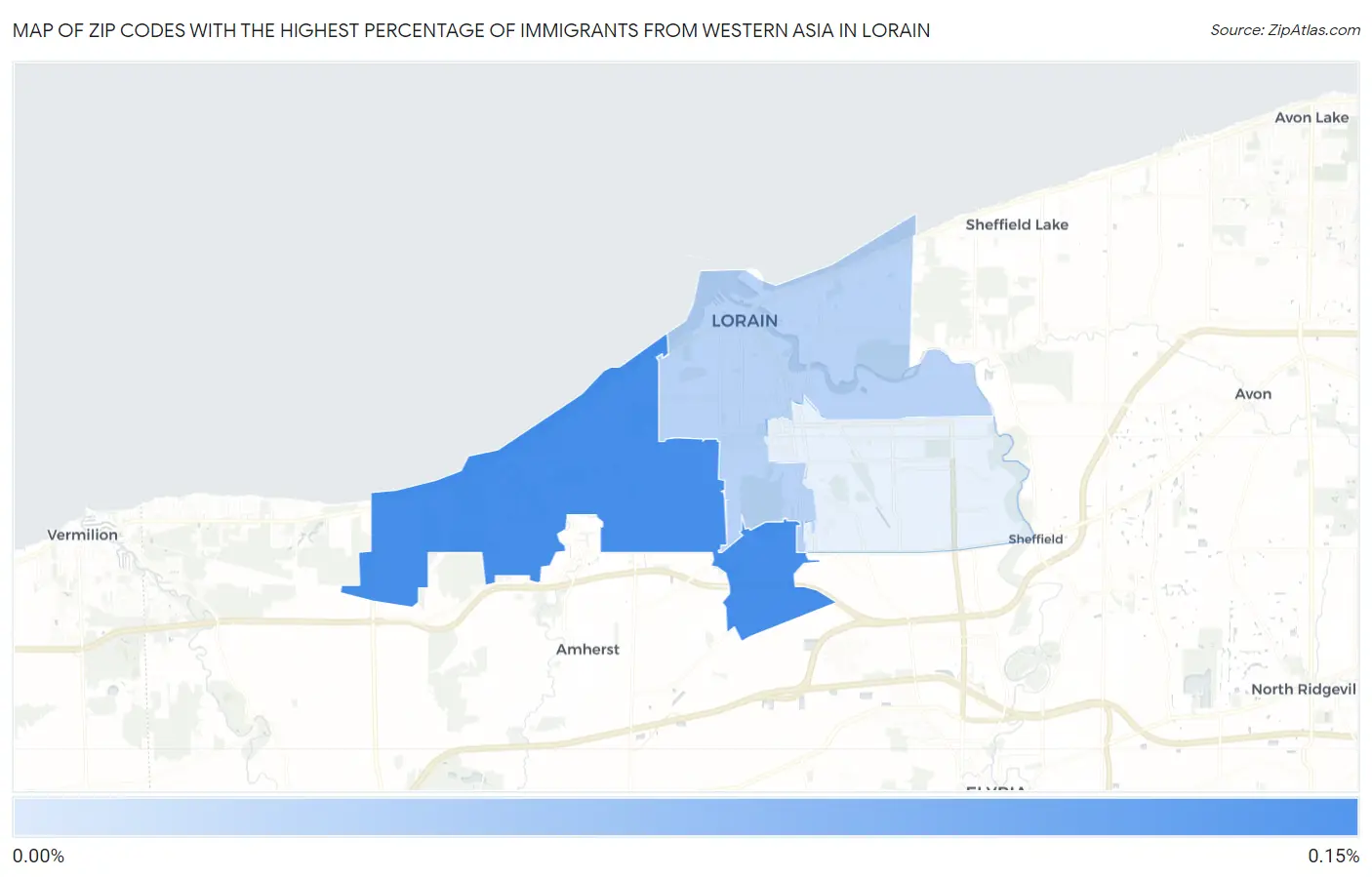 Zip Codes with the Highest Percentage of Immigrants from Western Asia in Lorain Map