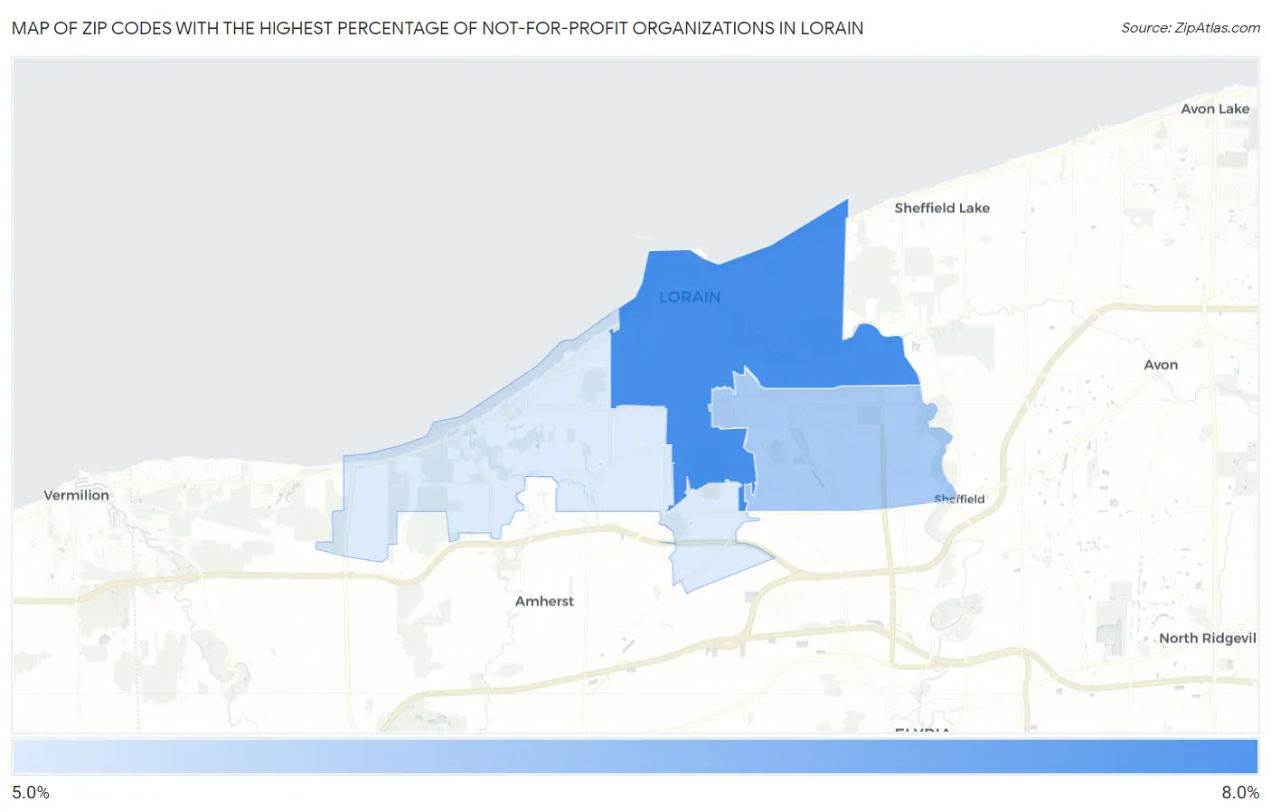 Zip Codes with the Highest Percentage of Not-for-profit Organizations in Lorain Map