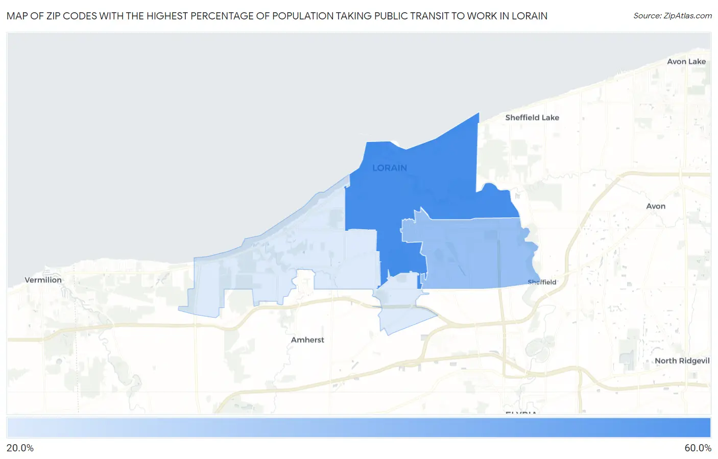 Zip Codes with the Highest Percentage of Population Taking Public Transit to Work in Lorain Map