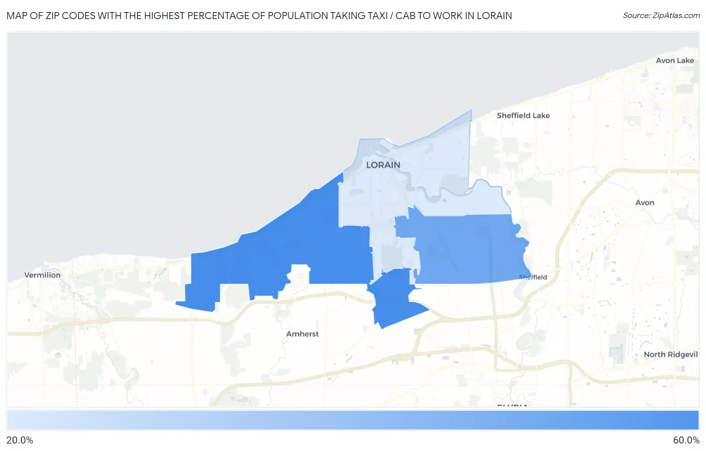 Zip Codes with the Highest Percentage of Population Taking Taxi / Cab to Work in Lorain Map