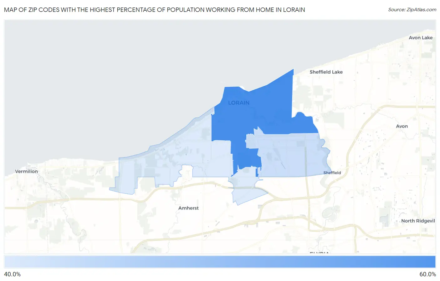 Zip Codes with the Highest Percentage of Population Working from Home in Lorain Map