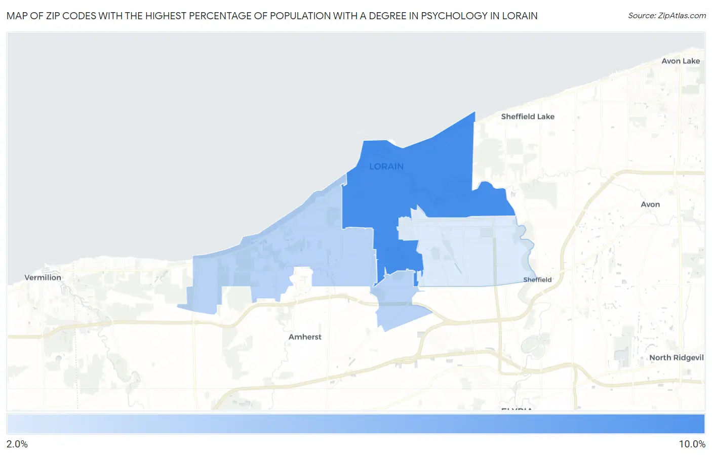 Zip Codes with the Highest Percentage of Population with a Degree in Psychology in Lorain Map