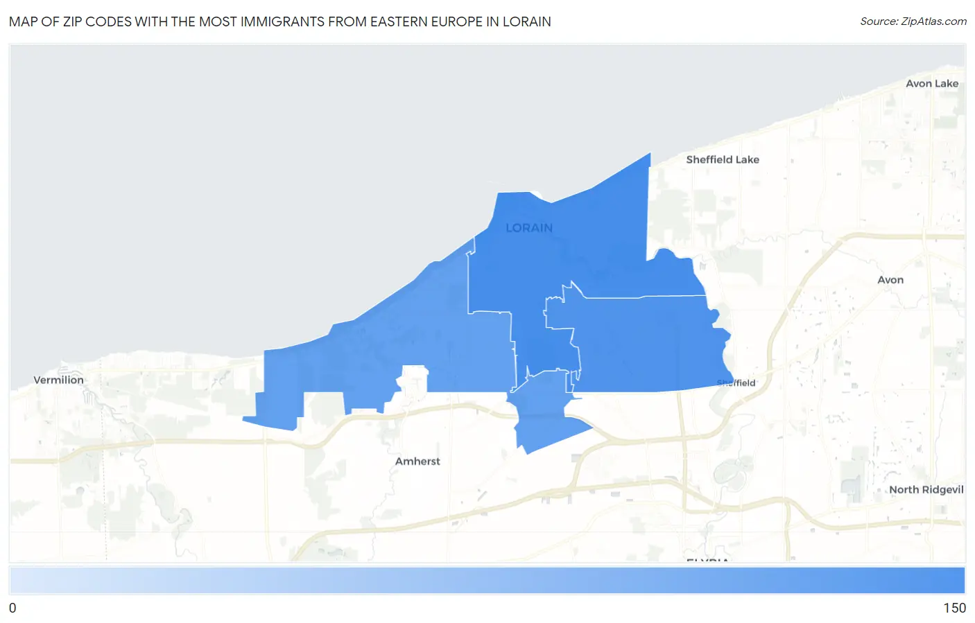 Zip Codes with the Most Immigrants from Eastern Europe in Lorain Map