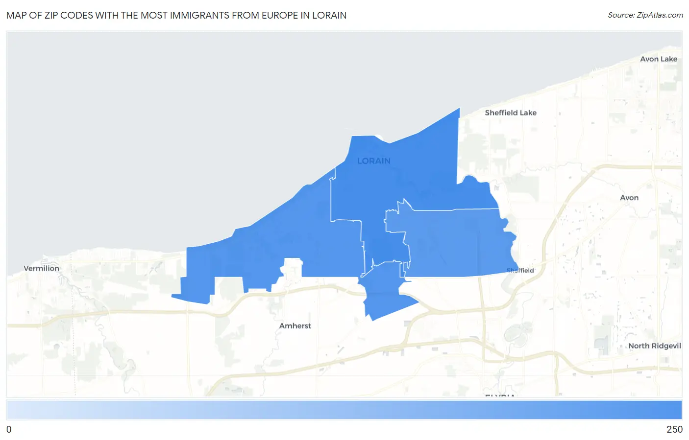 Zip Codes with the Most Immigrants from Europe in Lorain Map