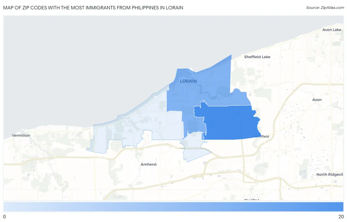 Zip Codes with the Most Immigrants from Philippines in Lorain Map