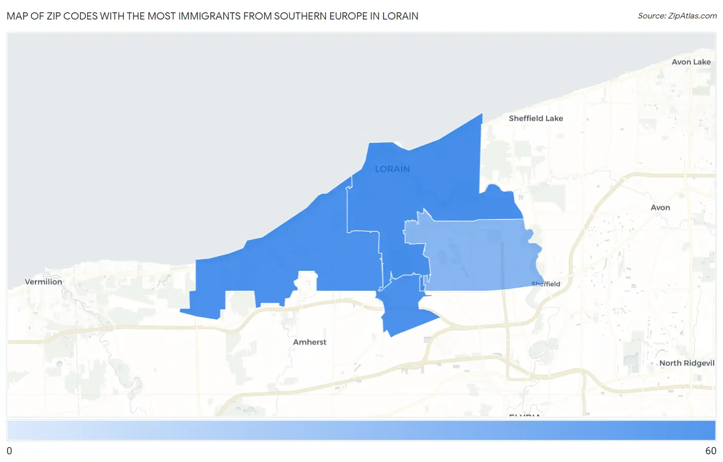 Zip Codes with the Most Immigrants from Southern Europe in Lorain Map