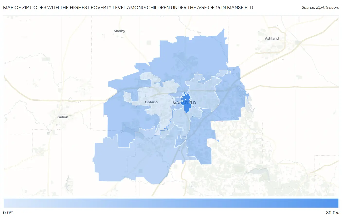 Zip Codes with the Highest Poverty Level Among Children Under the Age of 16 in Mansfield Map