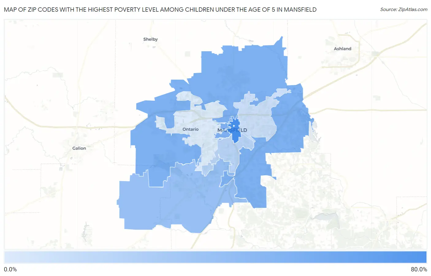 Zip Codes with the Highest Poverty Level Among Children Under the Age of 5 in Mansfield Map