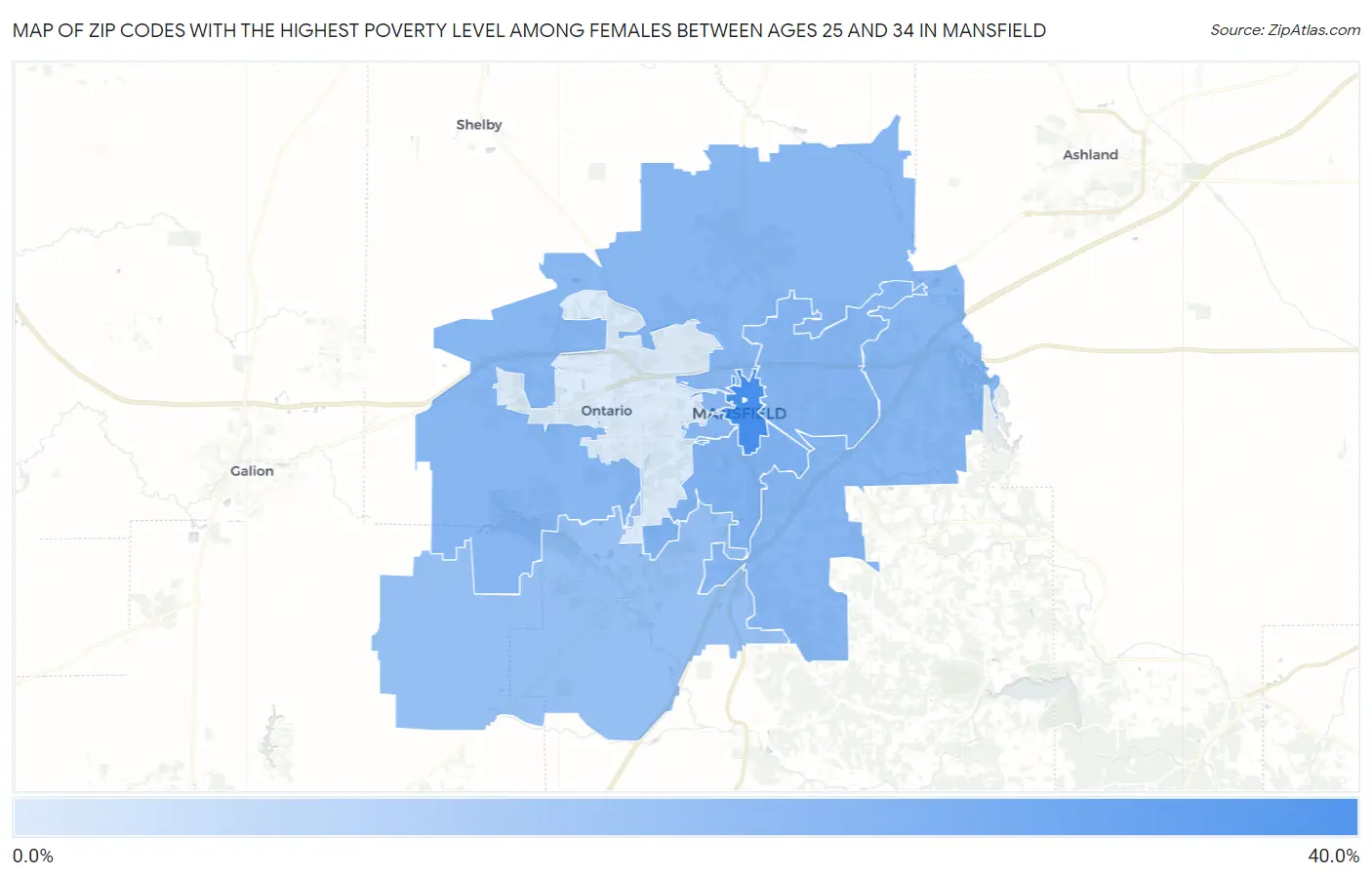 Zip Codes with the Highest Poverty Level Among Females Between Ages 25 and 34 in Mansfield Map