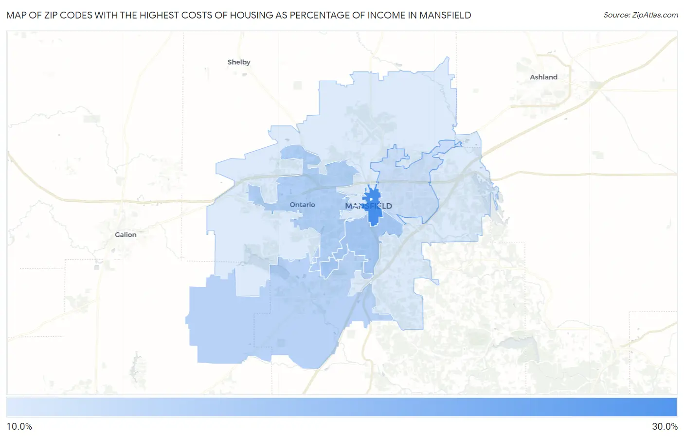 Zip Codes with the Highest Costs of Housing as Percentage of Income in Mansfield Map