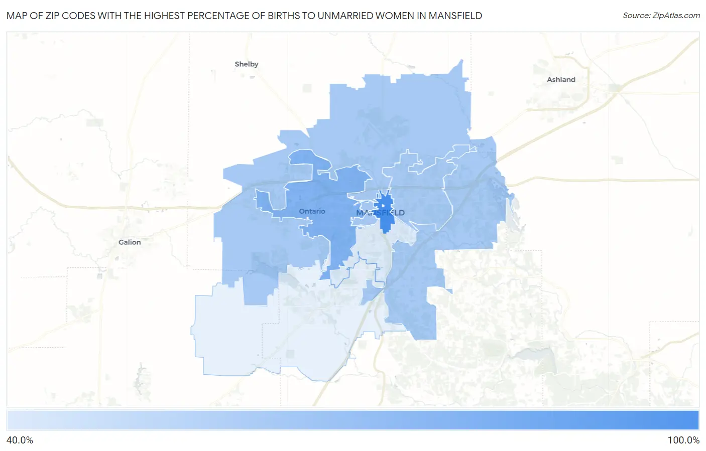 Zip Codes with the Highest Percentage of Births to Unmarried Women in Mansfield Map
