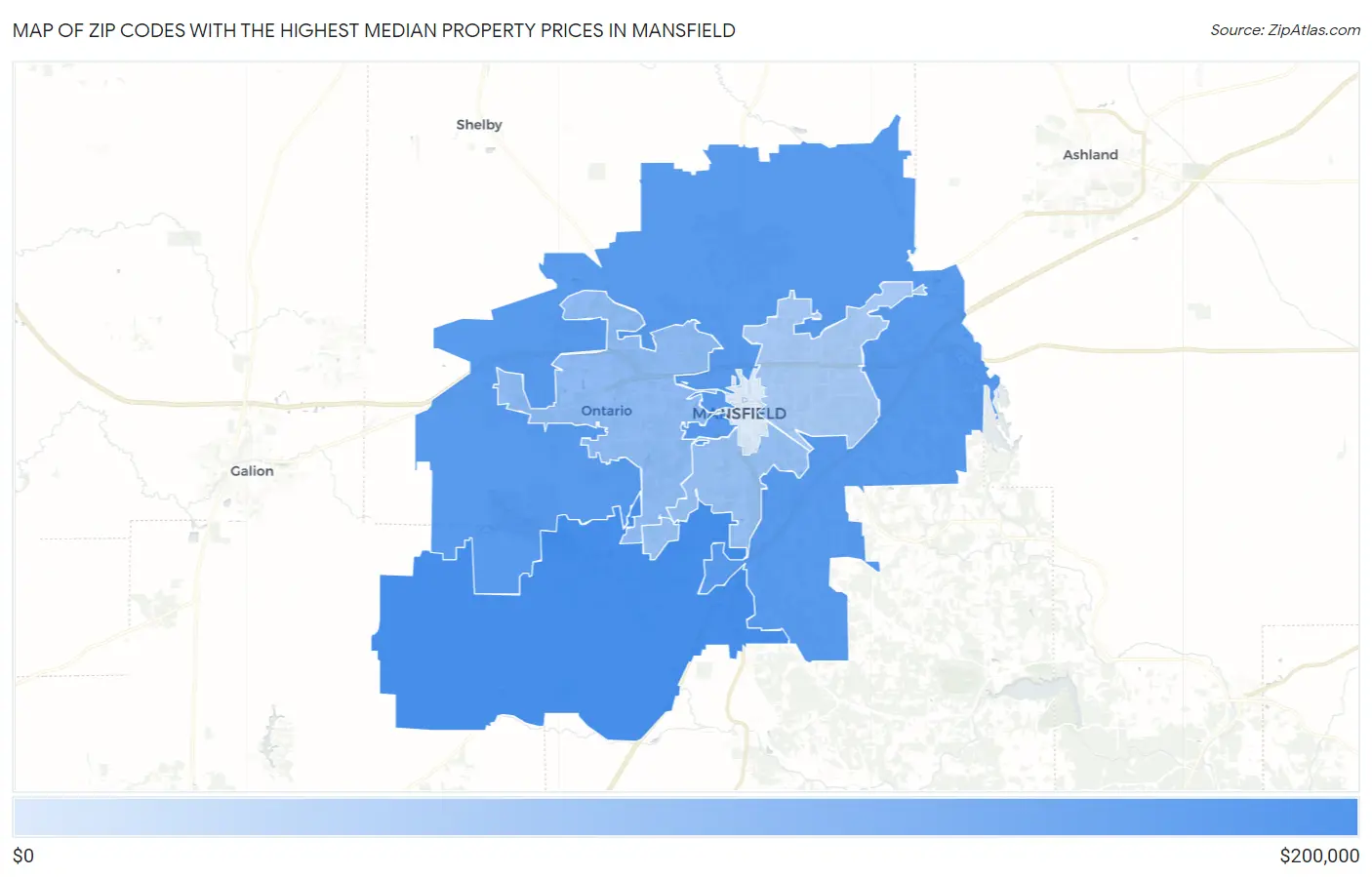 Zip Codes with the Highest Median Property Prices in Mansfield Map