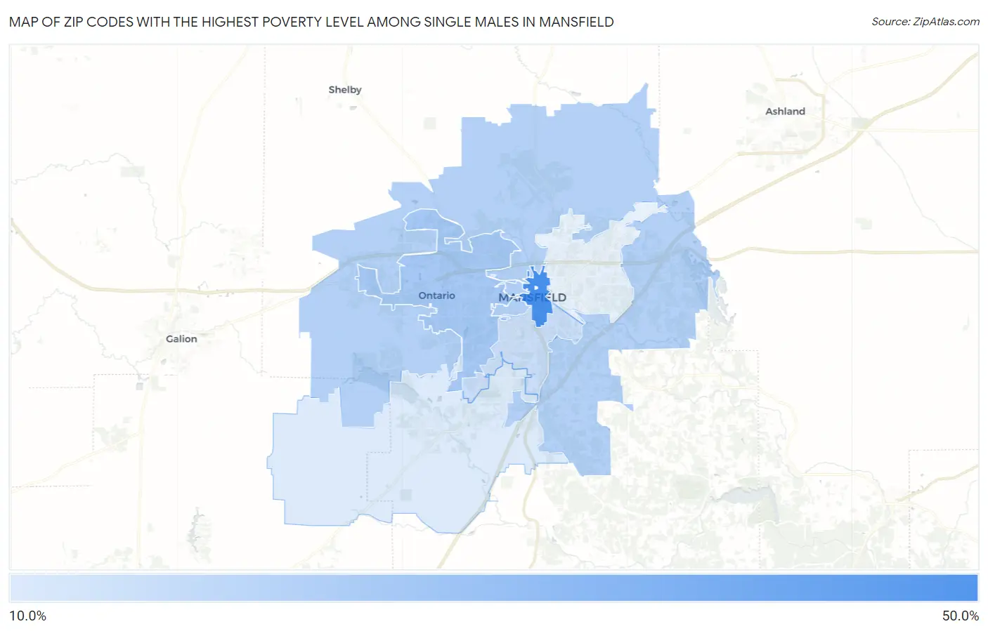 Zip Codes with the Highest Poverty Level Among Single Males in Mansfield Map