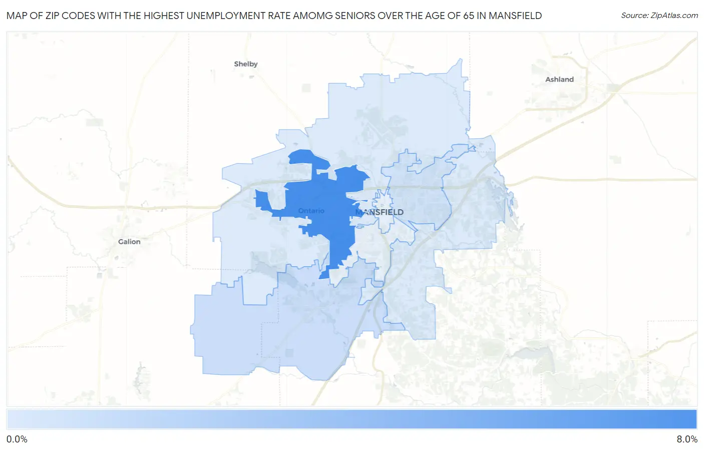 Zip Codes with the Highest Unemployment Rate Amomg Seniors Over the Age of 65 in Mansfield Map