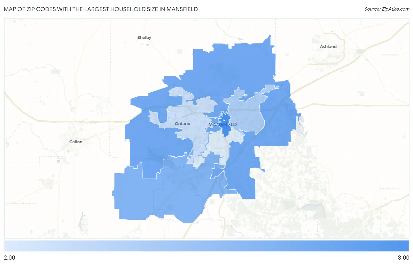 Zip Codes with the Largest Household Size in Mansfield Map