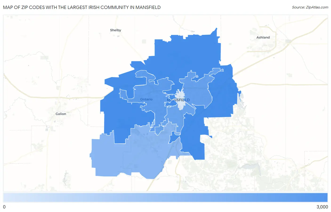 Zip Codes with the Largest Irish Community in Mansfield Map