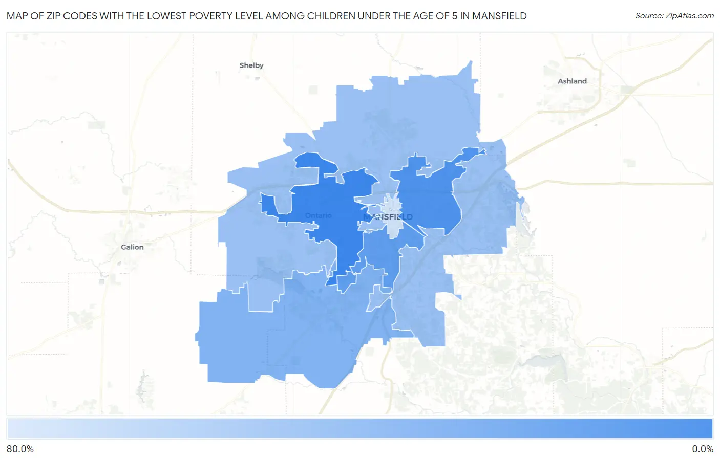 Zip Codes with the Lowest Poverty Level Among Children Under the Age of 5 in Mansfield Map