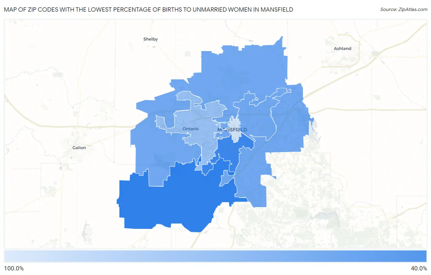 Zip Codes with the Lowest Percentage of Births to Unmarried Women in Mansfield Map