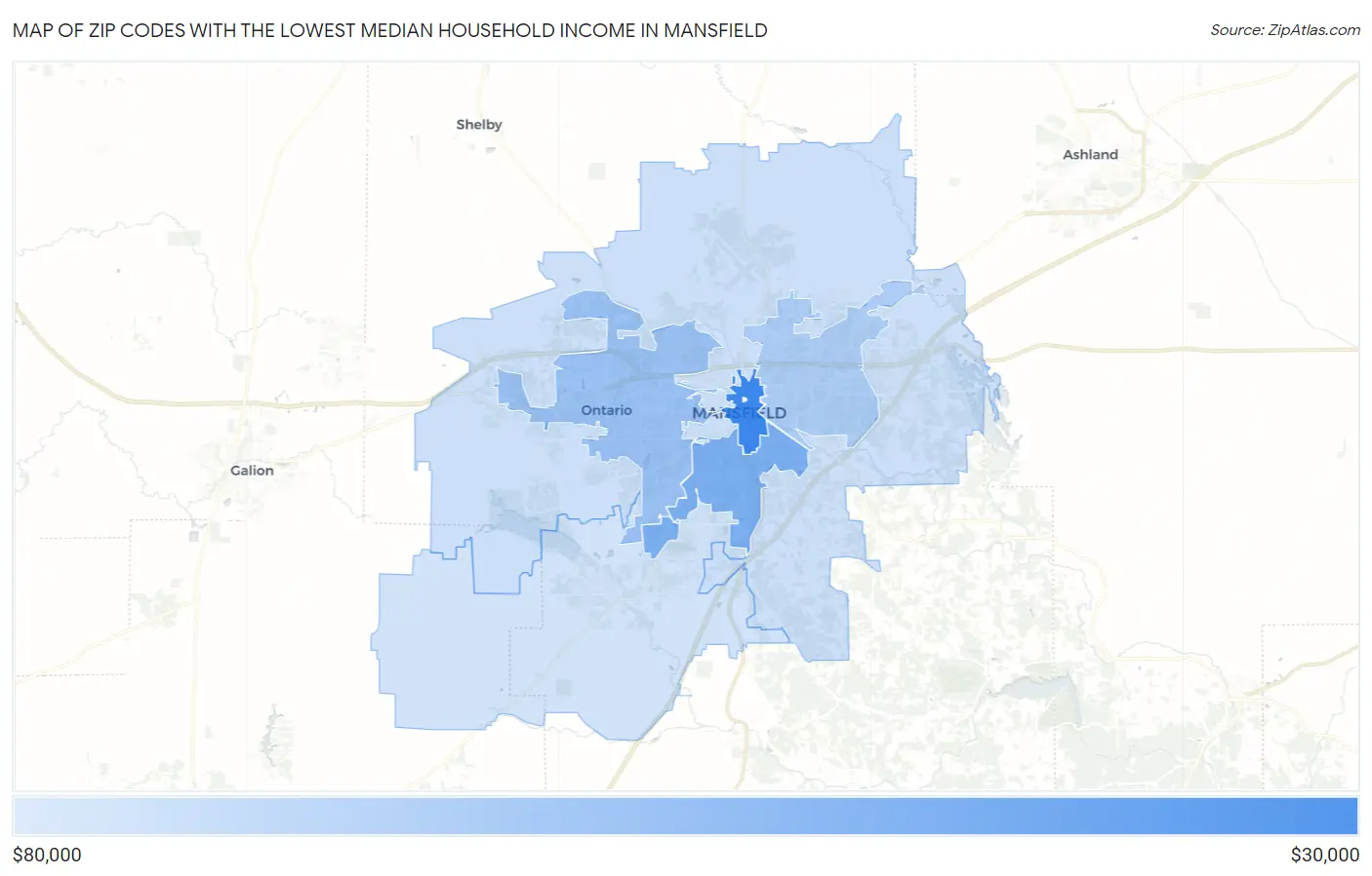 Zip Codes with the Lowest Median Household Income in Mansfield Map