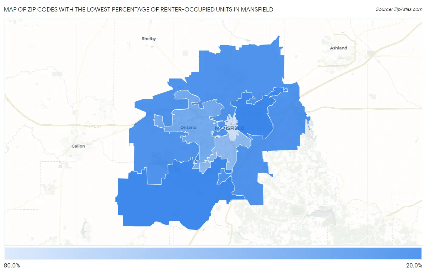 Zip Codes with the Lowest Percentage of Renter-Occupied Units in Mansfield Map
