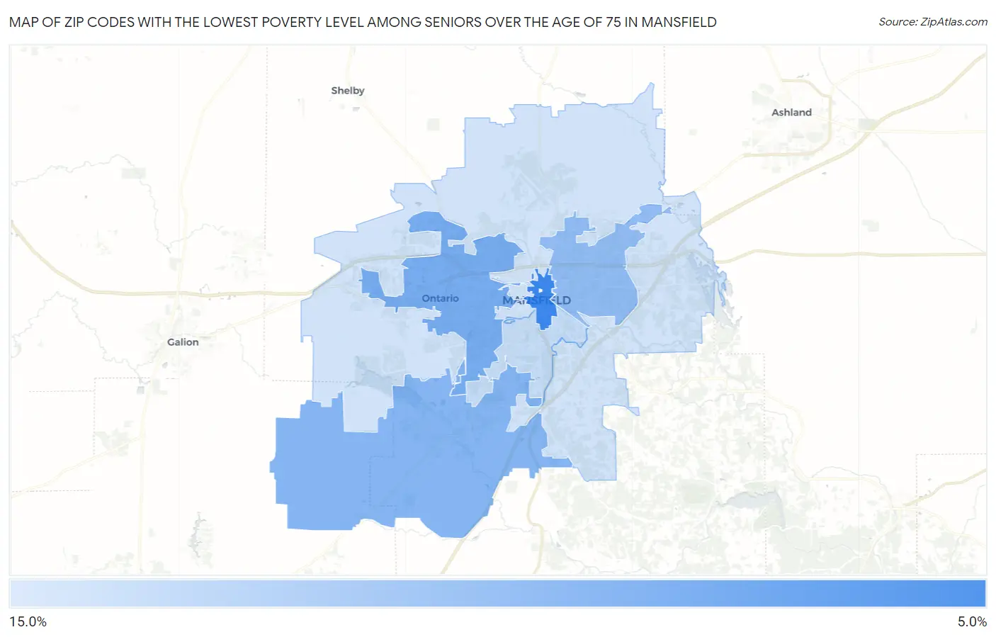 Zip Codes with the Lowest Poverty Level Among Seniors Over the Age of 75 in Mansfield Map