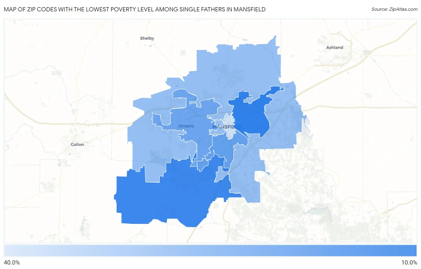 Zip Codes with the Lowest Poverty Level Among Single Fathers in Mansfield Map