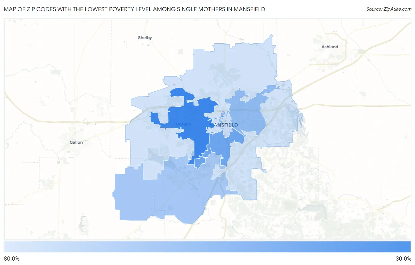 Zip Codes with the Lowest Poverty Level Among Single Mothers in Mansfield Map