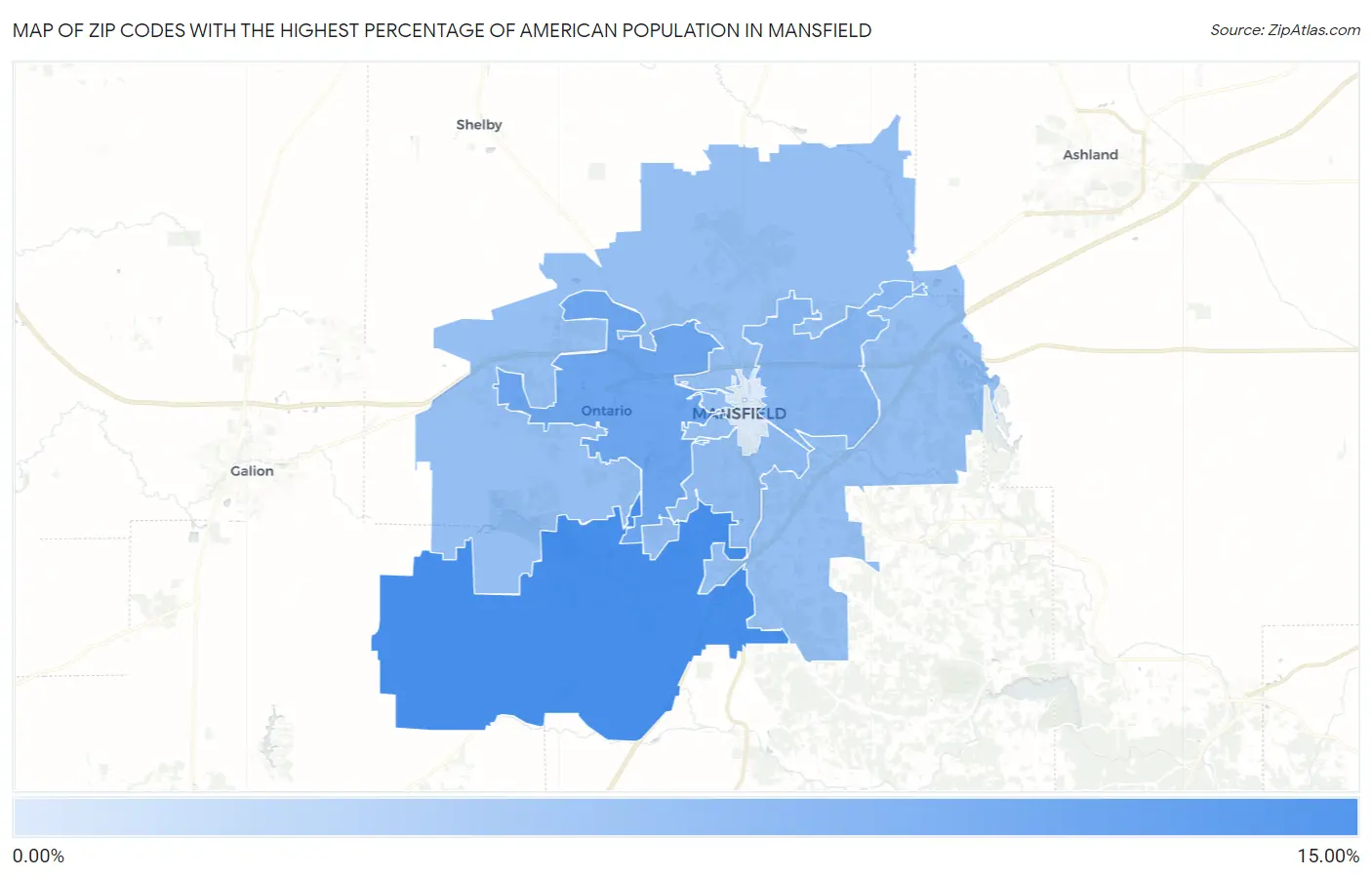 Zip Codes with the Highest Percentage of American Population in Mansfield Map